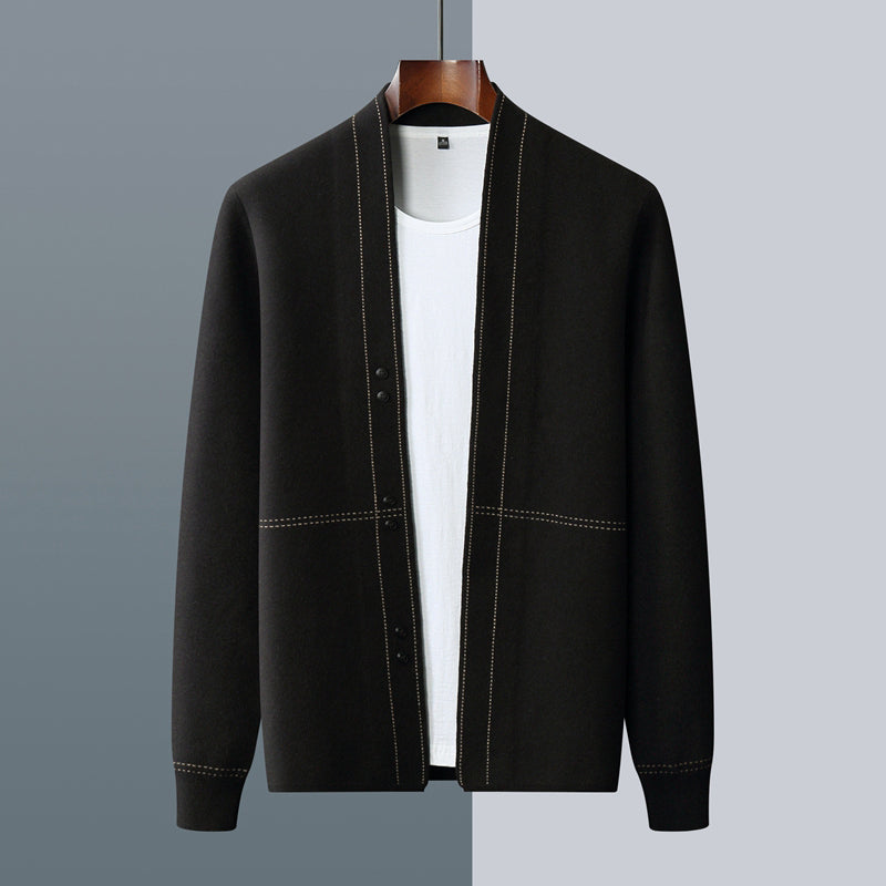 Men's textured cardigan with stand collar, button front and long sleeves