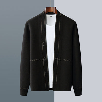 Men's textured cardigan with stand collar, button front and long sleeves
