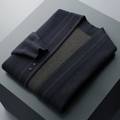 Men's textured cardigan with stand collar, button front and long sleeves