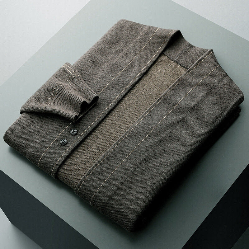 Men's textured cardigan with stand collar, button front and long sleeves