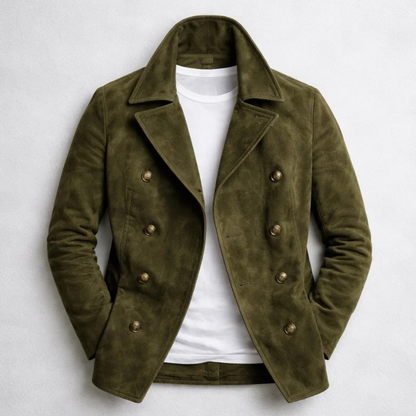 Men's double-breasted trench coat with notched lapels and long sleeves