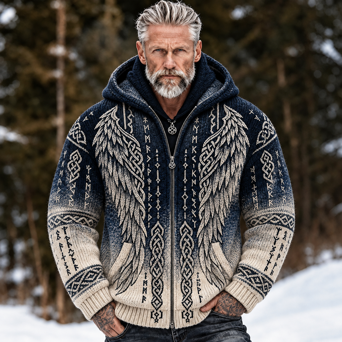 Men's hooded jacquard cardigan sweater with Nordic wing and Celtic knot patterns