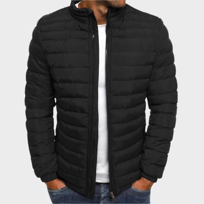Men's quilted puffer jacket with stand collar, long sleeves and zipped pockets
