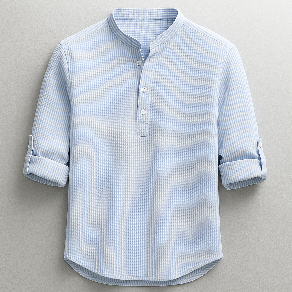 Men's textured mandarin collar shirt with rolled sleeves and curved hem