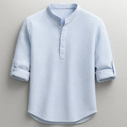 Men's textured mandarin collar shirt with rolled sleeves and curved hem