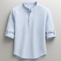 Men's textured mandarin collar shirt with rolled sleeves and curved hem
