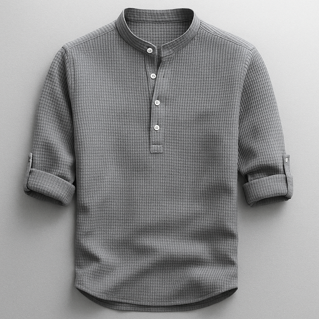 Men's textured mandarin collar shirt with rolled sleeves and curved hem
