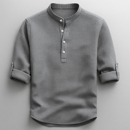 Men's textured mandarin collar shirt with rolled sleeves and curved hem