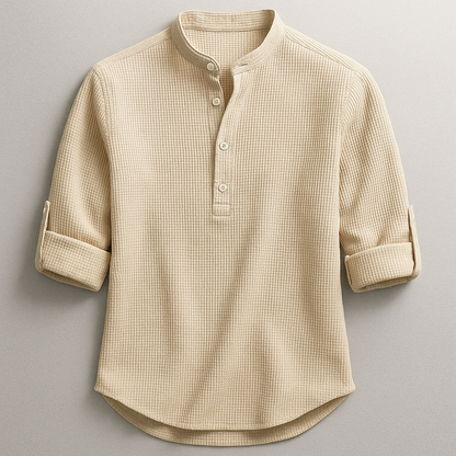 Men's textured mandarin collar shirt with rolled sleeves and curved hem