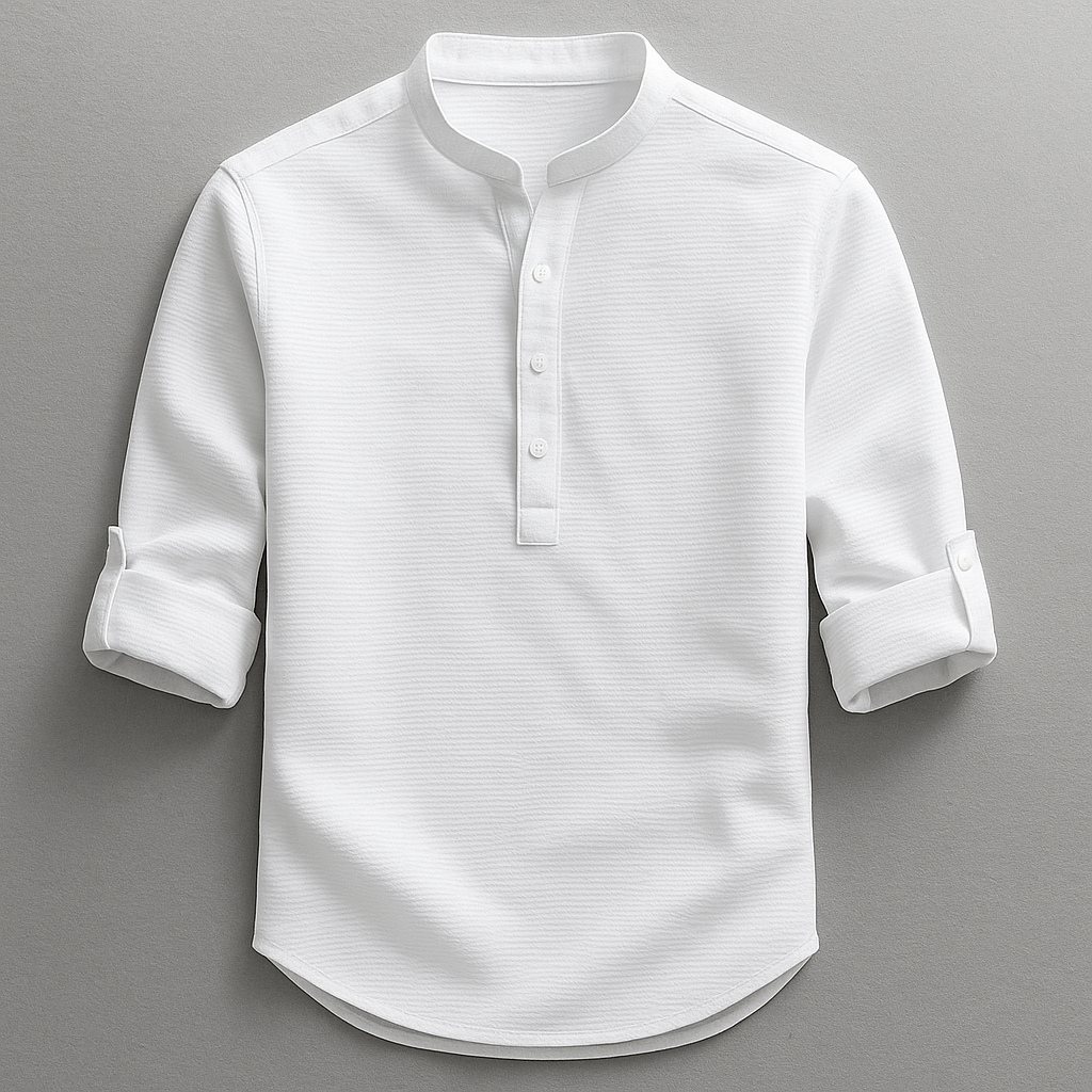 Men's textured mandarin collar shirt with rolled sleeves and curved hem