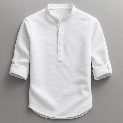 Men's textured mandarin collar shirt with rolled sleeves and curved hem