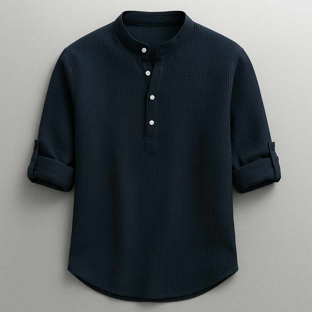Men's textured mandarin collar shirt with rolled sleeves and curved hem