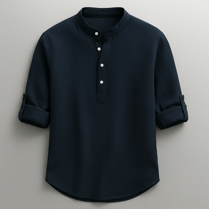 Men's textured mandarin collar shirt with rolled sleeves and curved hem
