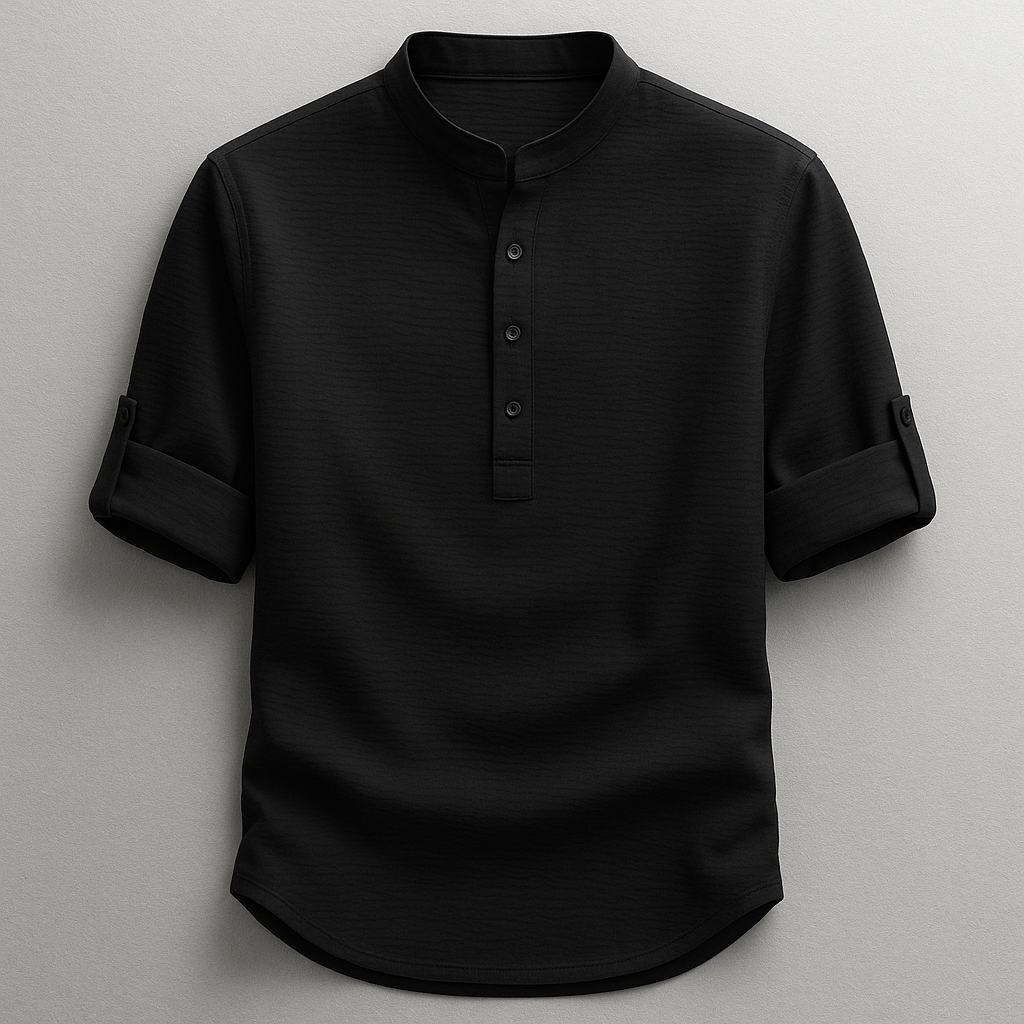 Men's textured mandarin collar shirt with rolled sleeves and curved hem