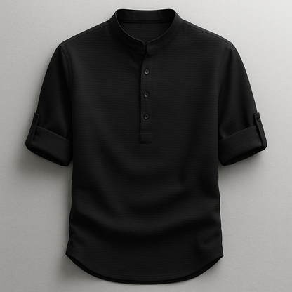 Men's textured mandarin collar shirt with rolled sleeves and curved hem