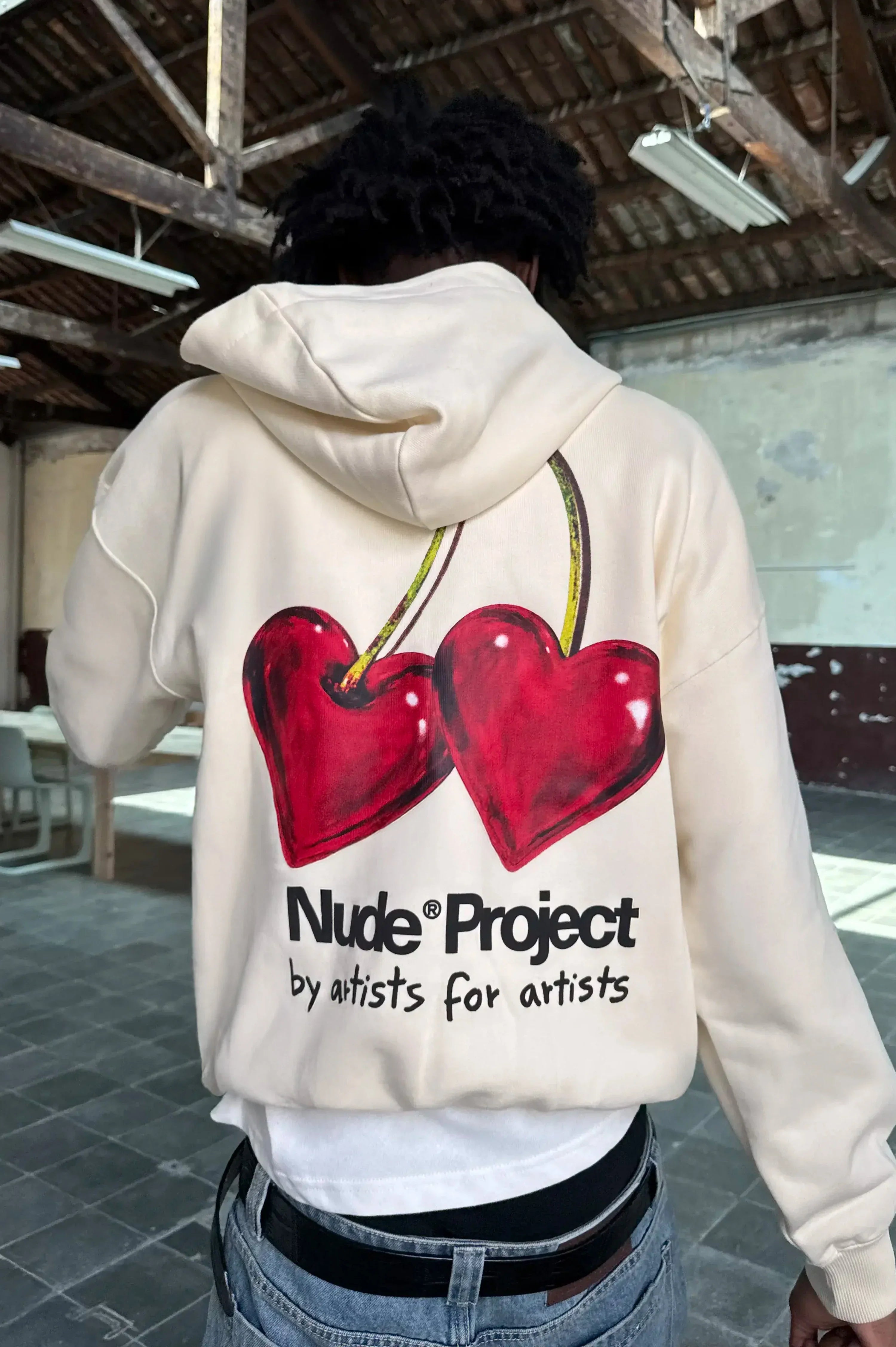 Ivory hoodie with red cherry graphic and hood