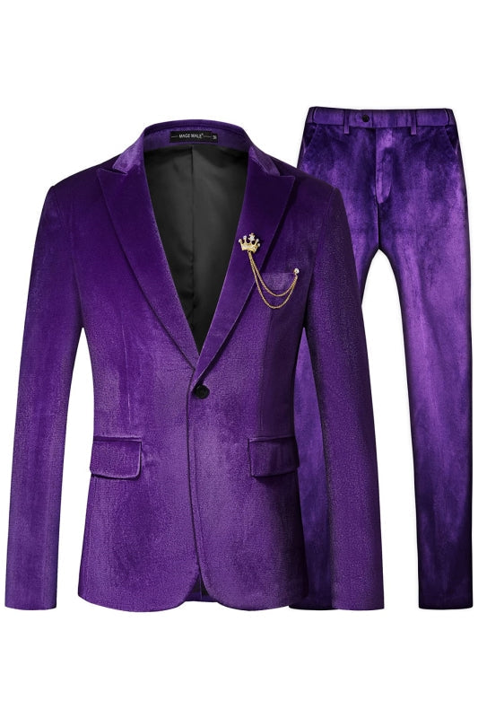 Men's purple suit with peaked lapel jacket, matching trousers and decorative chain detail