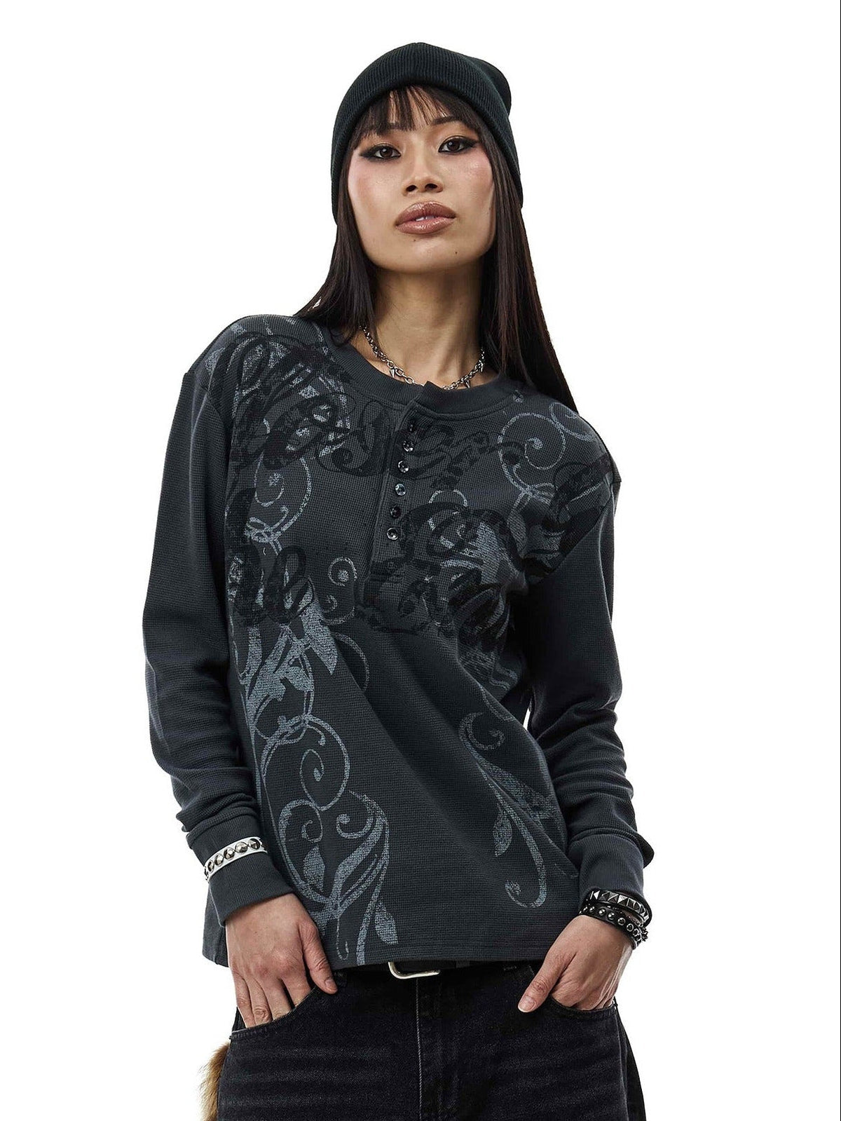 Men's dark grey long-sleeve Henley top with abstract scroll pattern