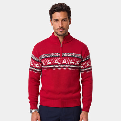 Men's Fair Isle jumper with reindeer pattern, mock neck and half-zip fastening