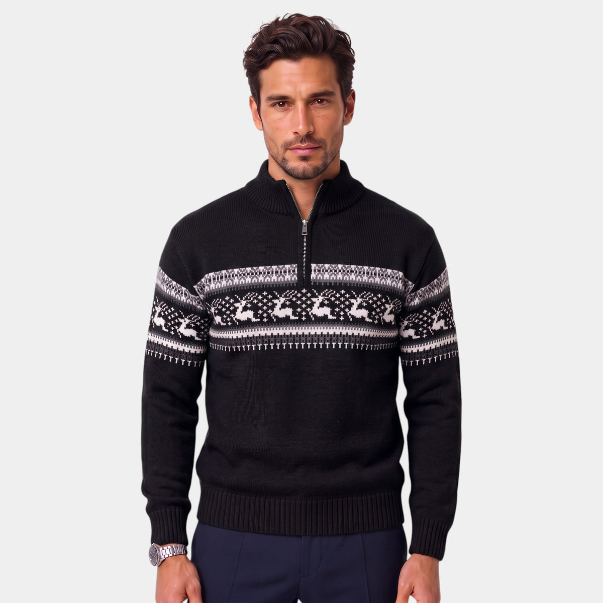 Men's Fair Isle jumper with reindeer pattern, mock neck and half-zip fastening