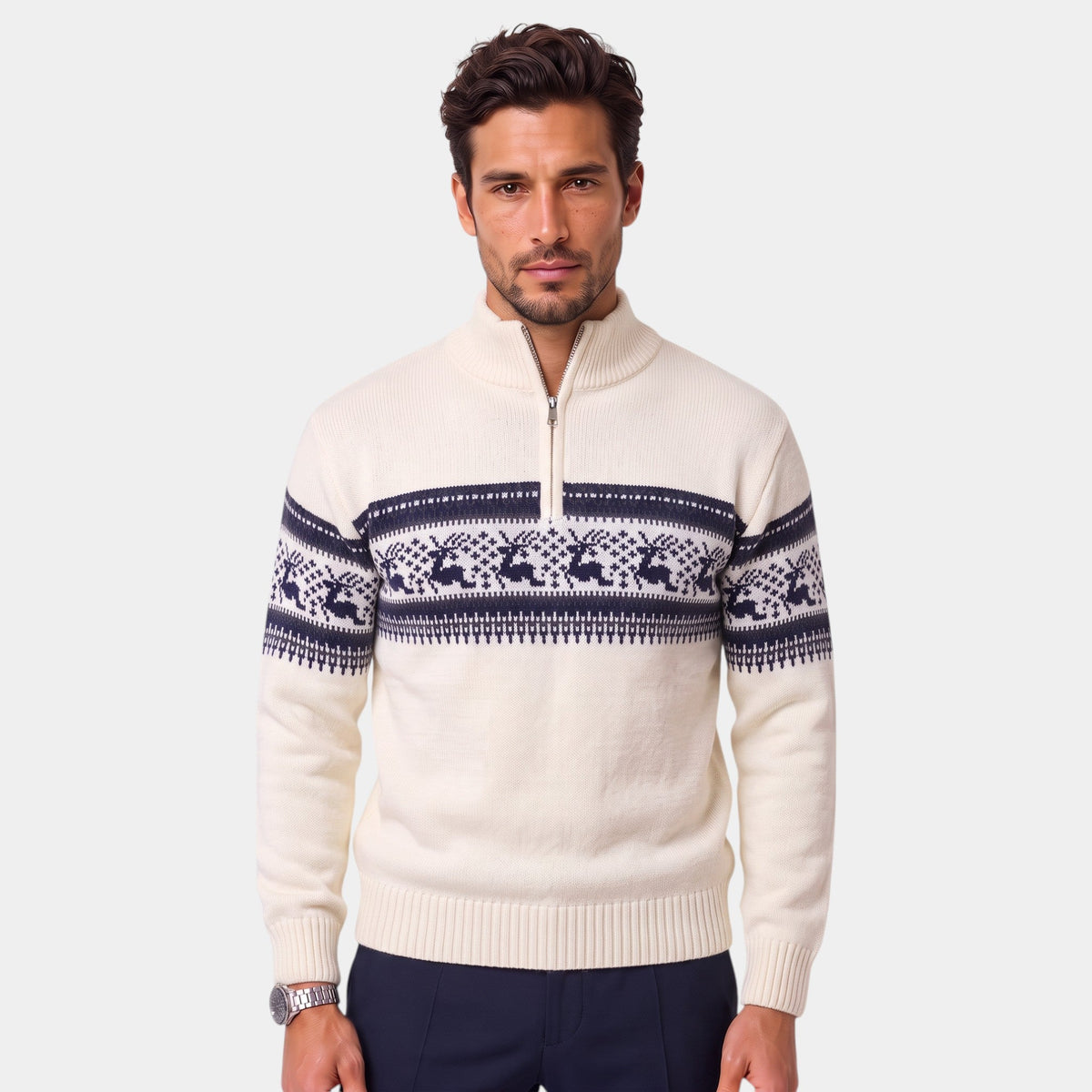 Men's Fair Isle jumper with reindeer pattern, mock neck and half-zip fastening