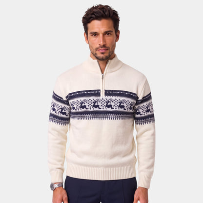 Men's Fair Isle jumper with reindeer pattern, mock neck and half-zip fastening