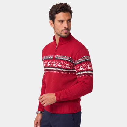 Men's Fair Isle jumper with reindeer pattern, mock neck and half-zip fastening