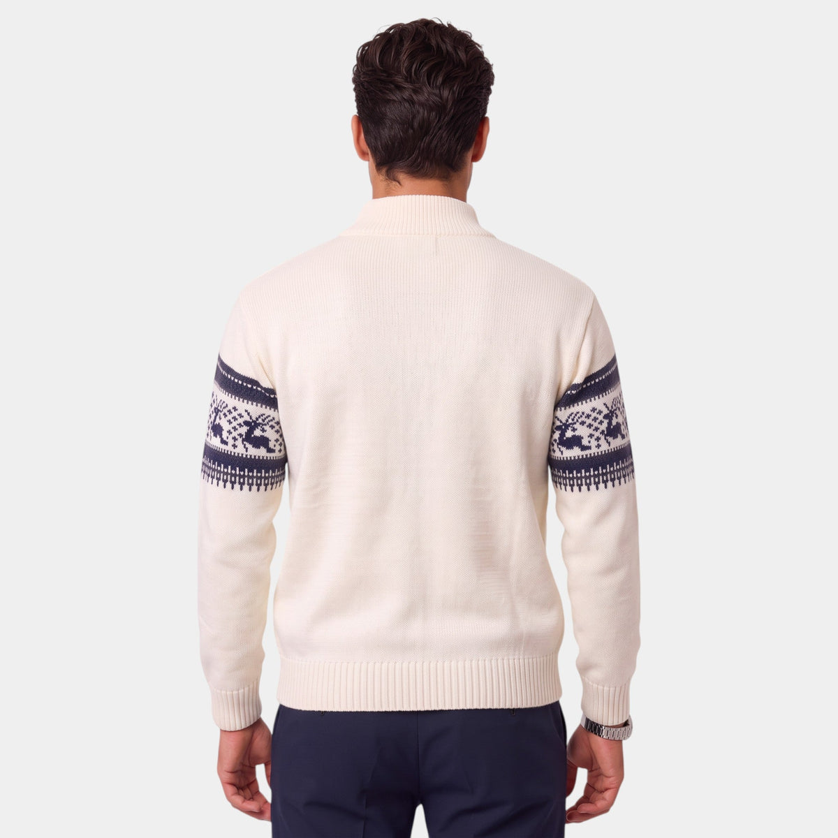 Men's Fair Isle jumper with reindeer pattern, mock neck and half-zip fastening
