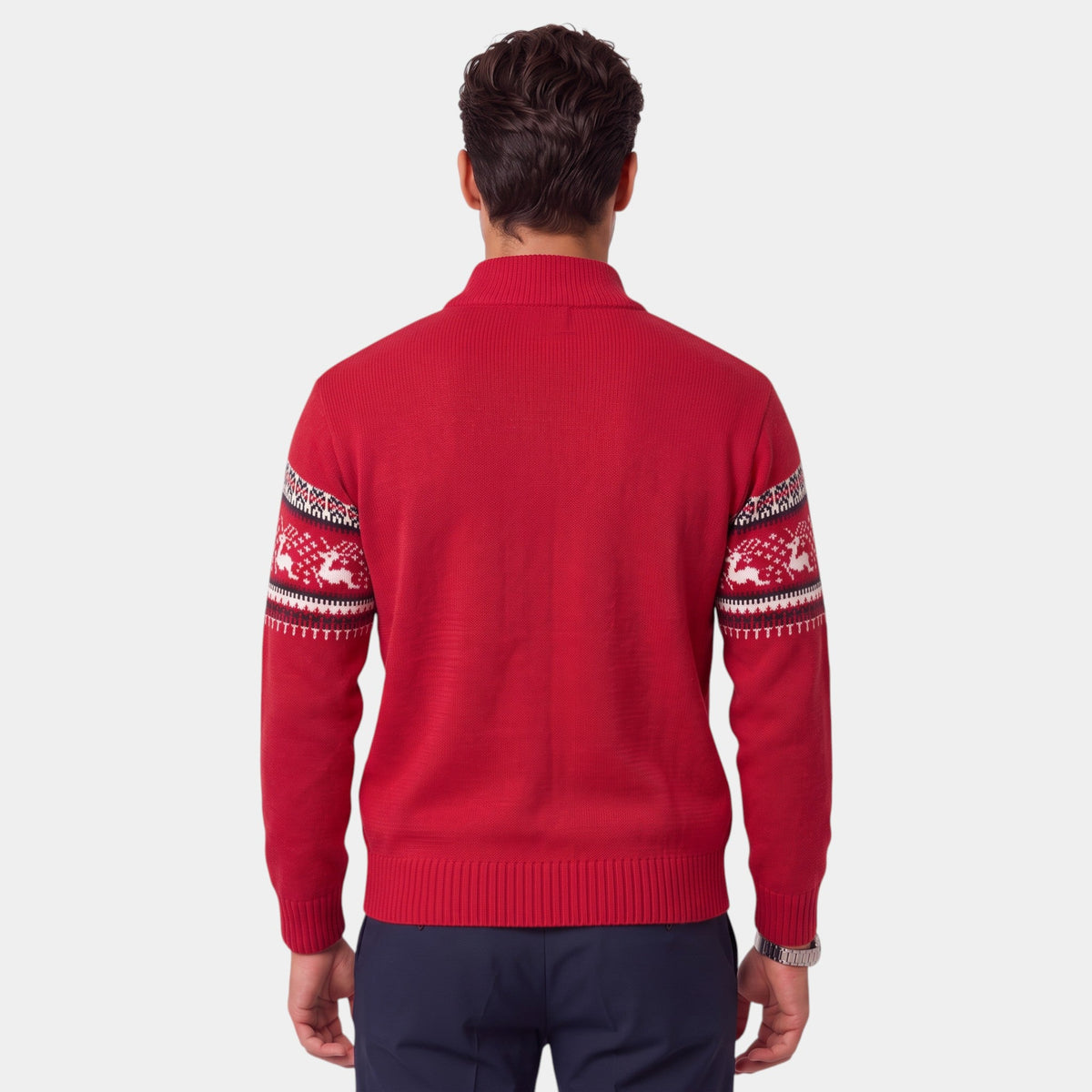 Men's Fair Isle jumper with reindeer pattern, mock neck and half-zip fastening