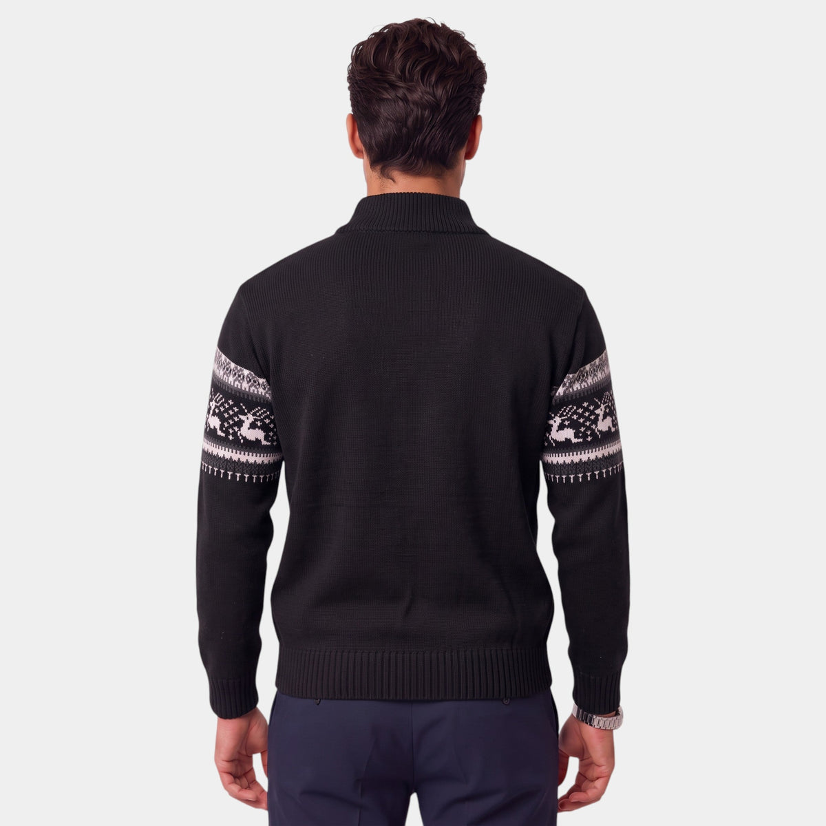Men's Fair Isle jumper with reindeer pattern, mock neck and half-zip fastening