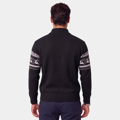 Men's Fair Isle jumper with reindeer pattern, mock neck and half-zip fastening