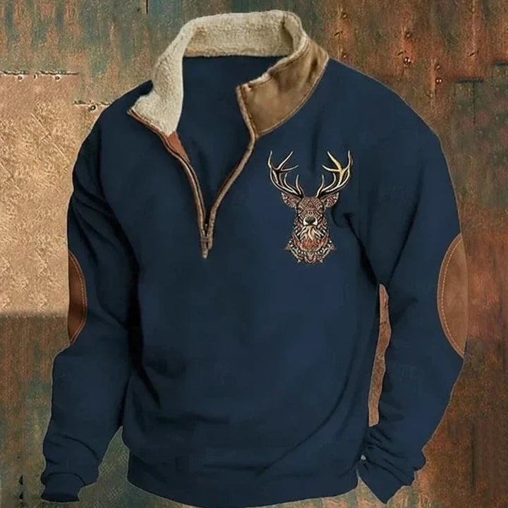 Men's quarter-zip sweatshirt with mock collar, deer embroidery and elbow patches