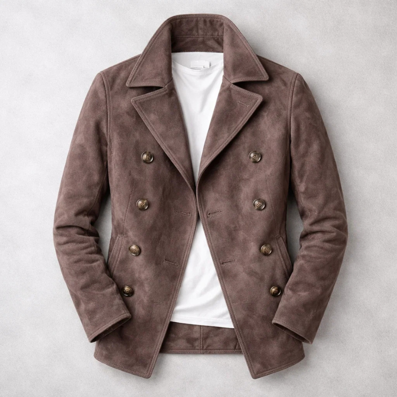 Men's double-breasted trench coat with notched lapels and long sleeves