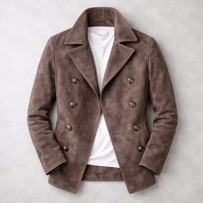 Men's double-breasted trench coat with notched lapels and long sleeves