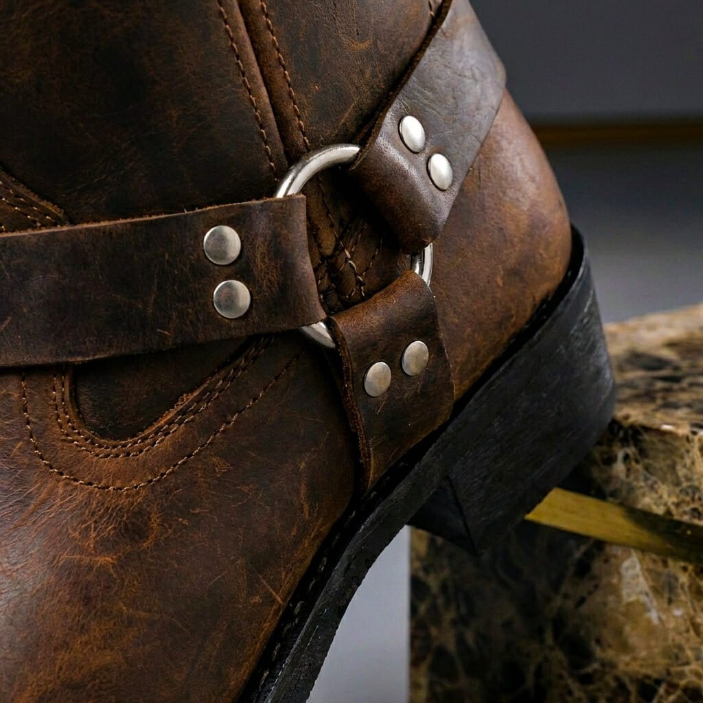 Tall biker boots with buckle straps, side zip and low block heel