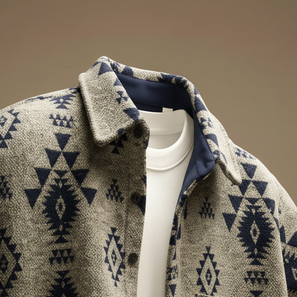 Geometric pattern men's button-front jacket with collar, long sleeves and front pockets