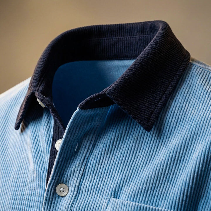 Men's long-sleeve corduroy polo shirt with point collar and chest pocket