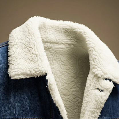 Men's jean-style jacket with contrasting shearling lining, turn-down collar and button front