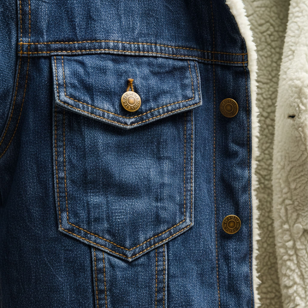Men's jean-style jacket with contrasting shearling lining, turn-down collar and button front