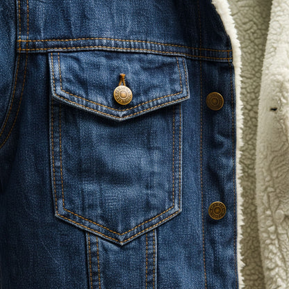 Men's jean-style jacket with contrasting shearling lining, turn-down collar and button front