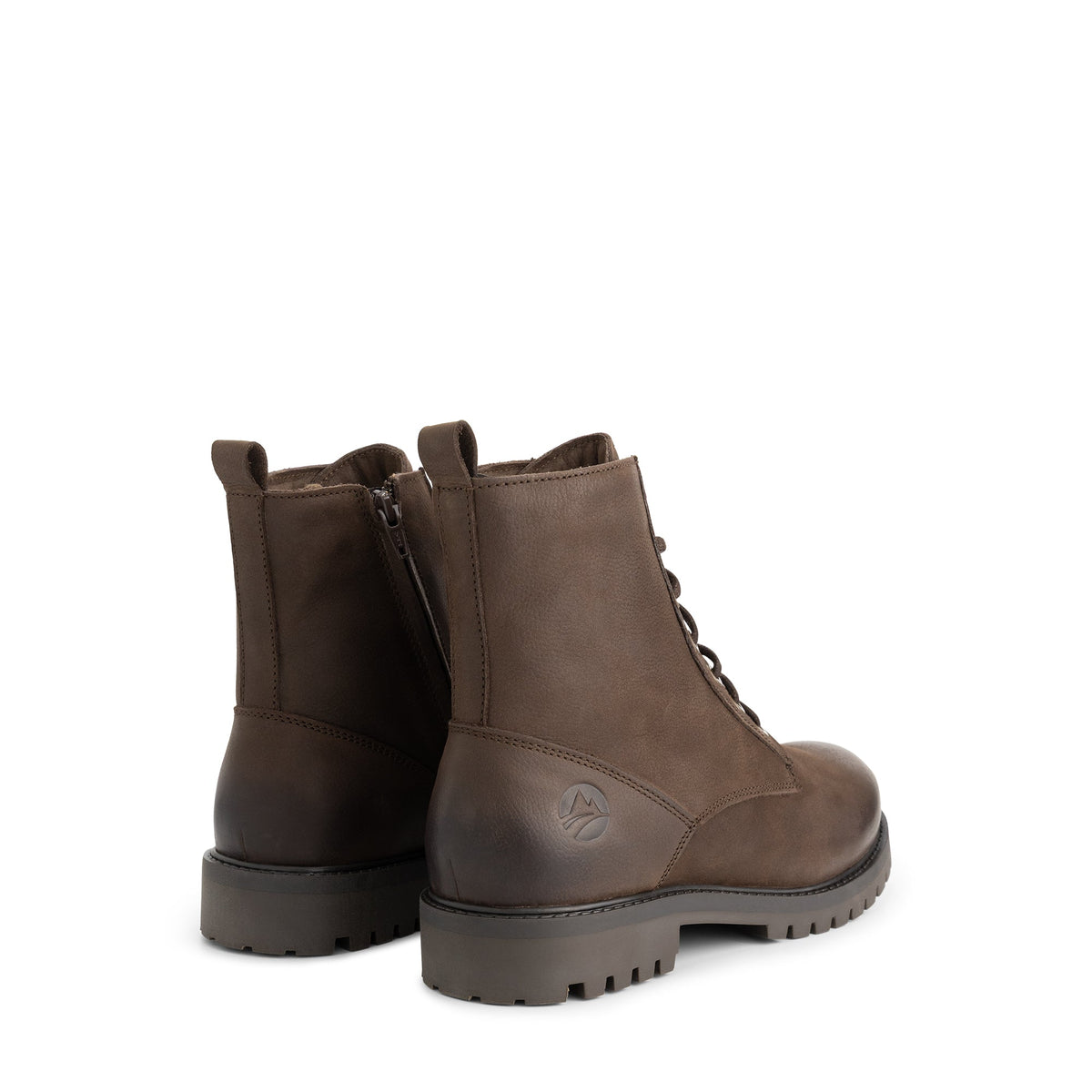 Dark brown lace-up ankle boots with side zips and lug soles
