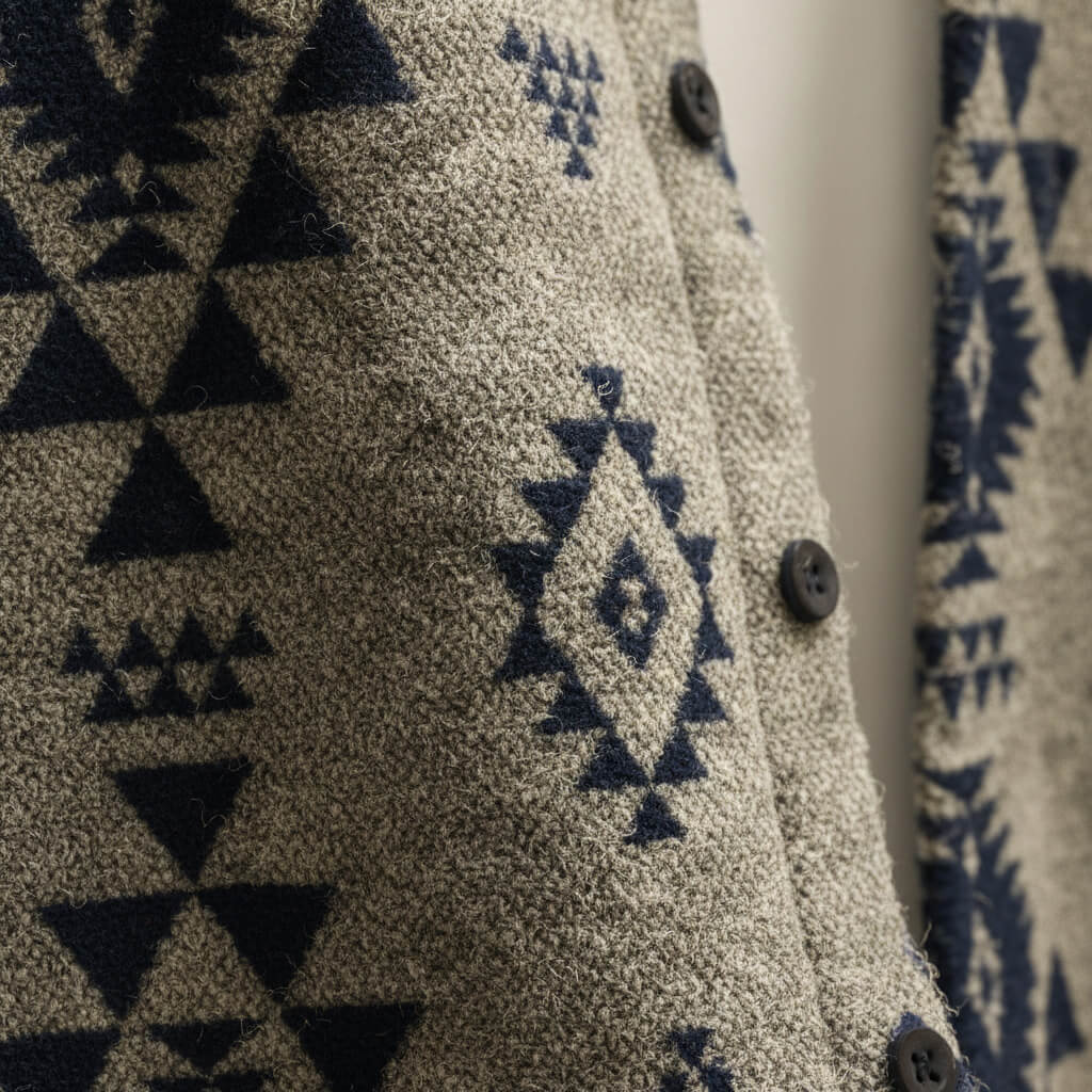 Geometric pattern men's button-front jacket with collar, long sleeves and front pockets