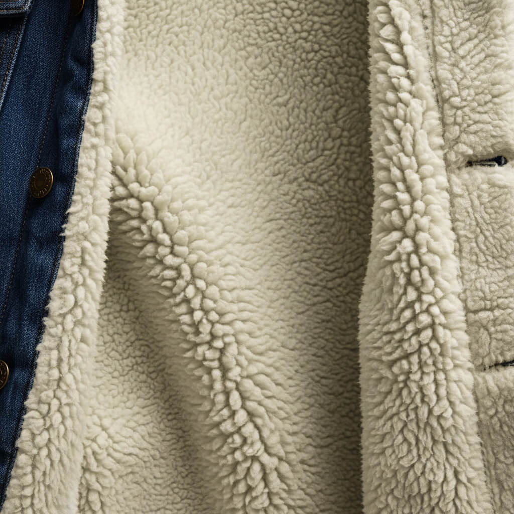 Men's jean-style jacket with contrasting shearling lining, turn-down collar and button front