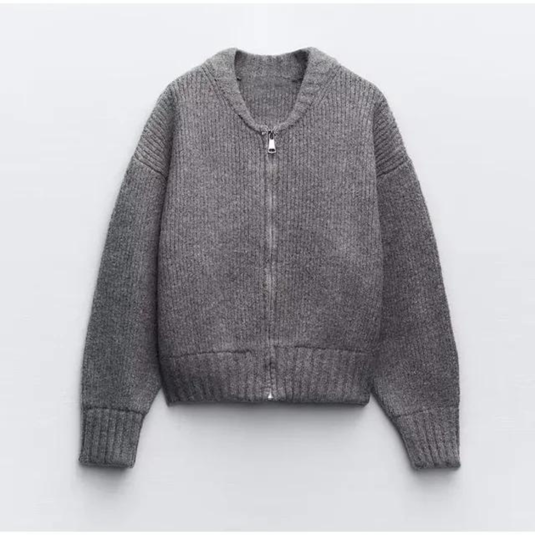Grey knitted cardigan with a crew neck, front zip and long sleeves