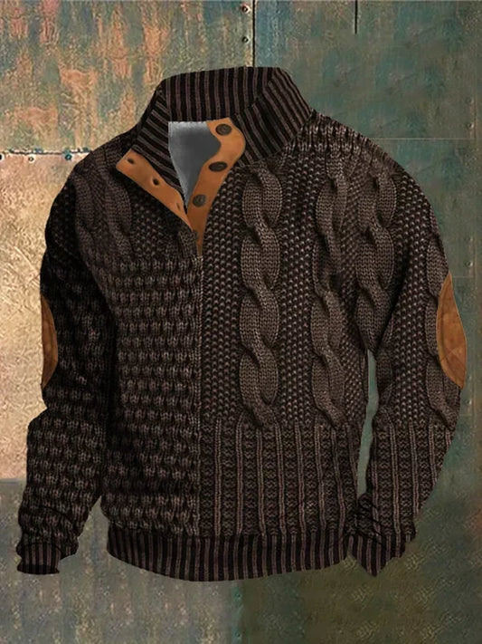 Men's patterned cable knit sweater with crew neck and suede elbow patches