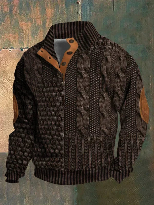 Men's patterned cable knit sweater with crew neck and suede elbow patches