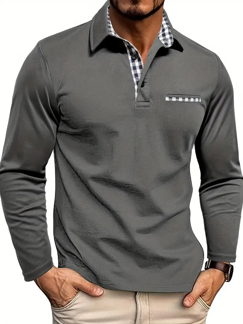 Men's Long Sleeve Polo Shirt, Slim Fit Check Detail Smart Casual Polo for Autumn