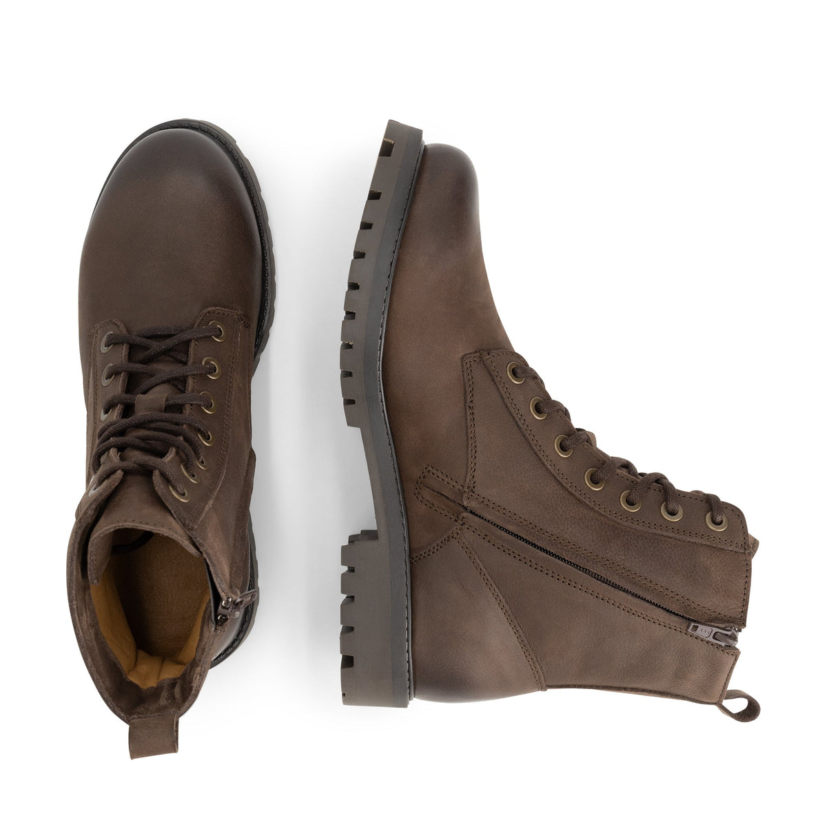 Dark brown lace-up ankle boots with side zips and lug soles