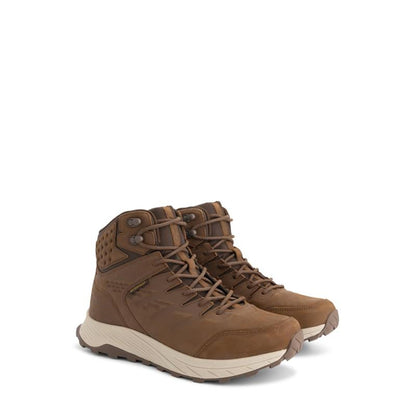 Brown high-top hiking boots with lace-up fastening and lugged soles