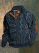 Men's patterned cable knit sweater with crew neck and suede elbow patches